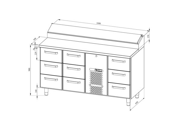 Pizzapöytä RESTMEC KLE 1609,  9 vetolaatikkoa
